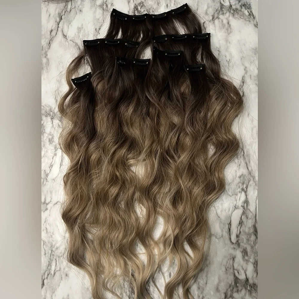 22 Inch Balayage Brown & Blonde Clip in Curly Hair Extensions Set - human blend